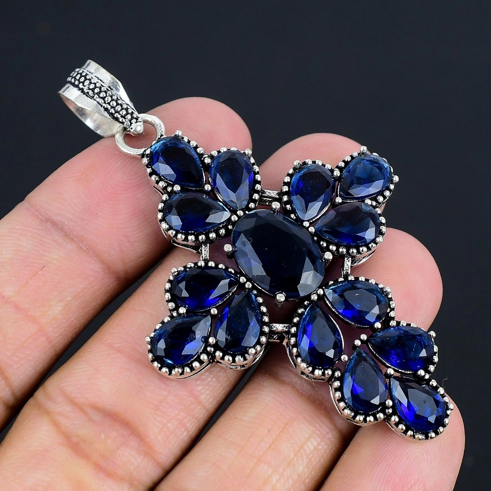 Sapphire (Lab-Created)Gemstone Handmade 925 Sterling Silver Jewelry Pendant 2.3″