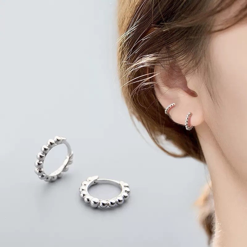 925 Sterling Silver Beaded Huggie Hoop Earrings Cartilage Helix Earrings 390