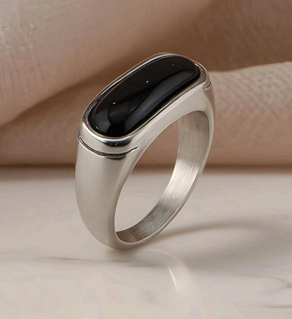 Surgical Steel Silver Fashion Ring Men Women Black Onyx Minimalist Band