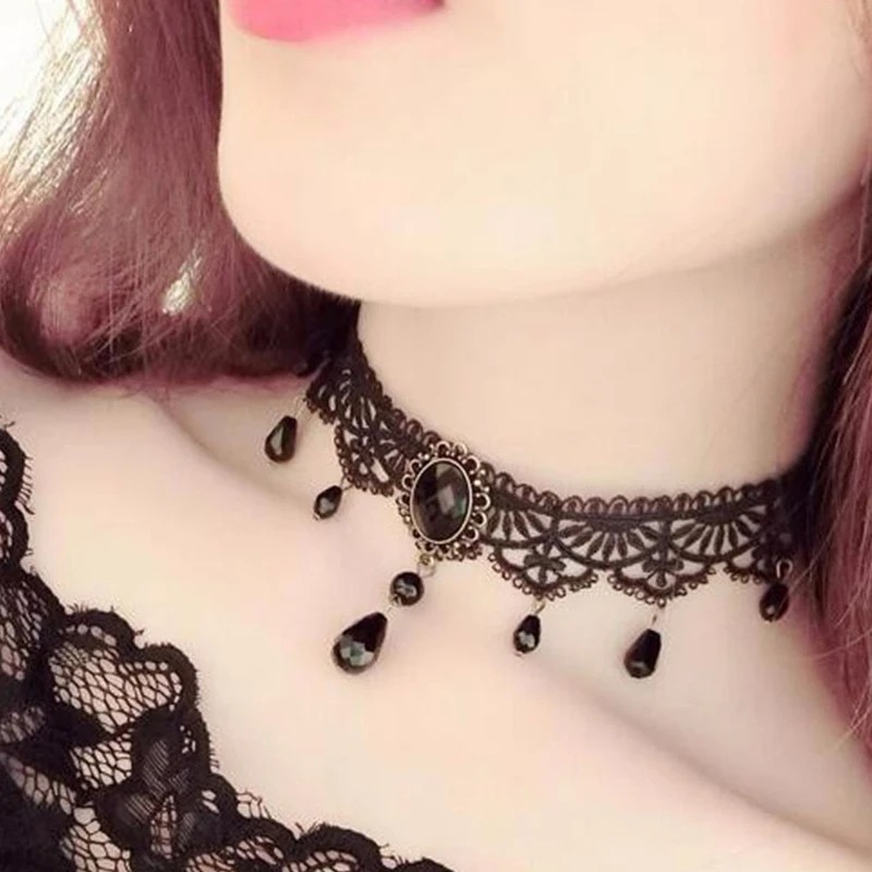 Gothic Black Lace Necklace Collar Choker Retro Vintage Chain, Vampire Halloween