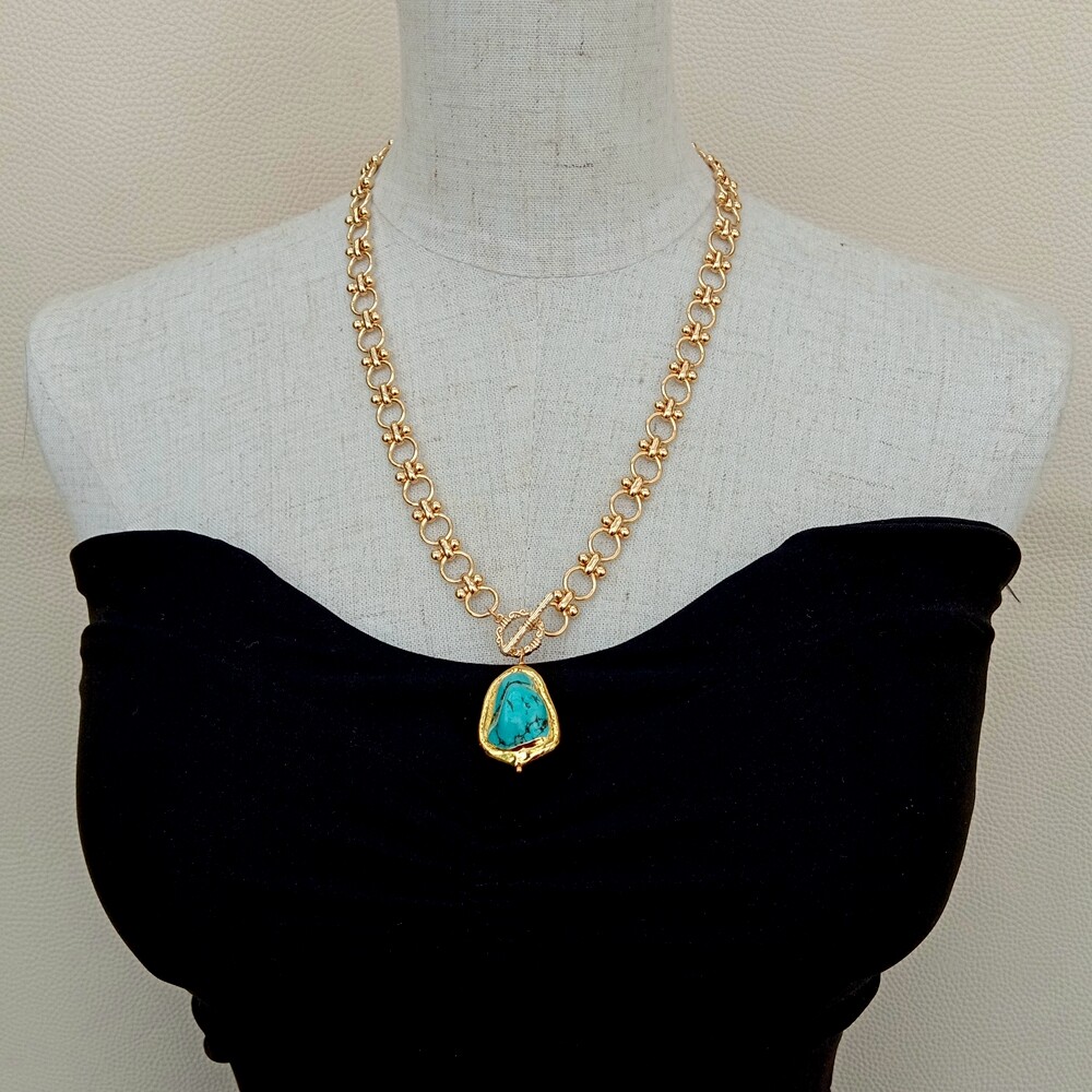 Gold Plated Chain Chokers Necklace Blue Turquoise Pendant Designer Gems Jewelry