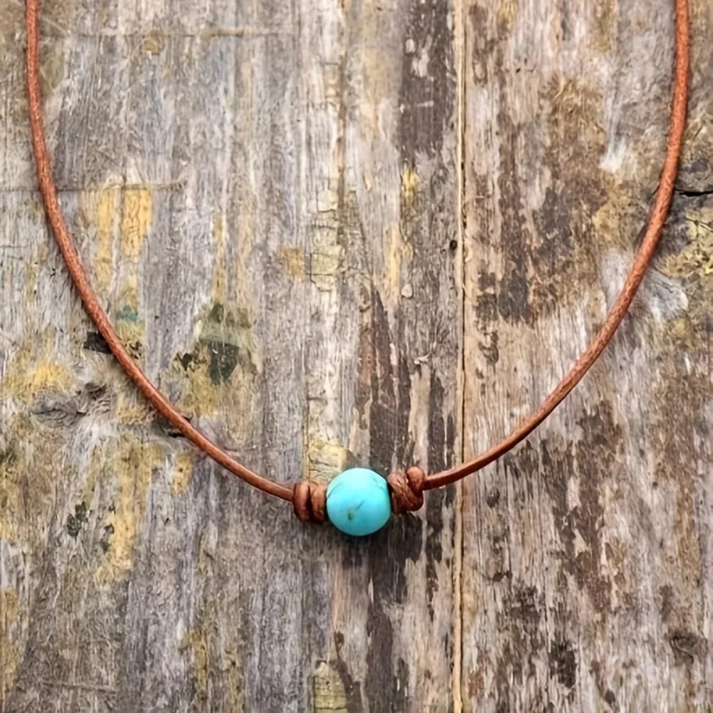 Bohemian Style Turquoise Bead Choker Necklace, Simple Vintage Retro Leather Cord