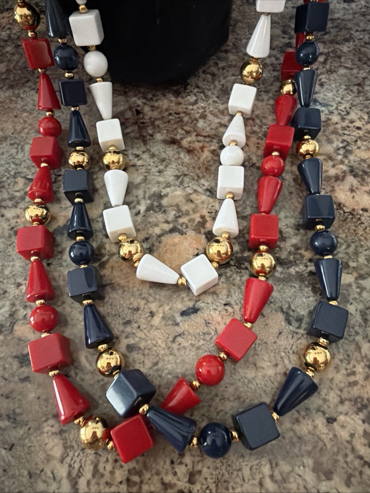 Trifari Opera Necklace Red White Blue Geometric Lucite Beads Gold Tone 3 Strand