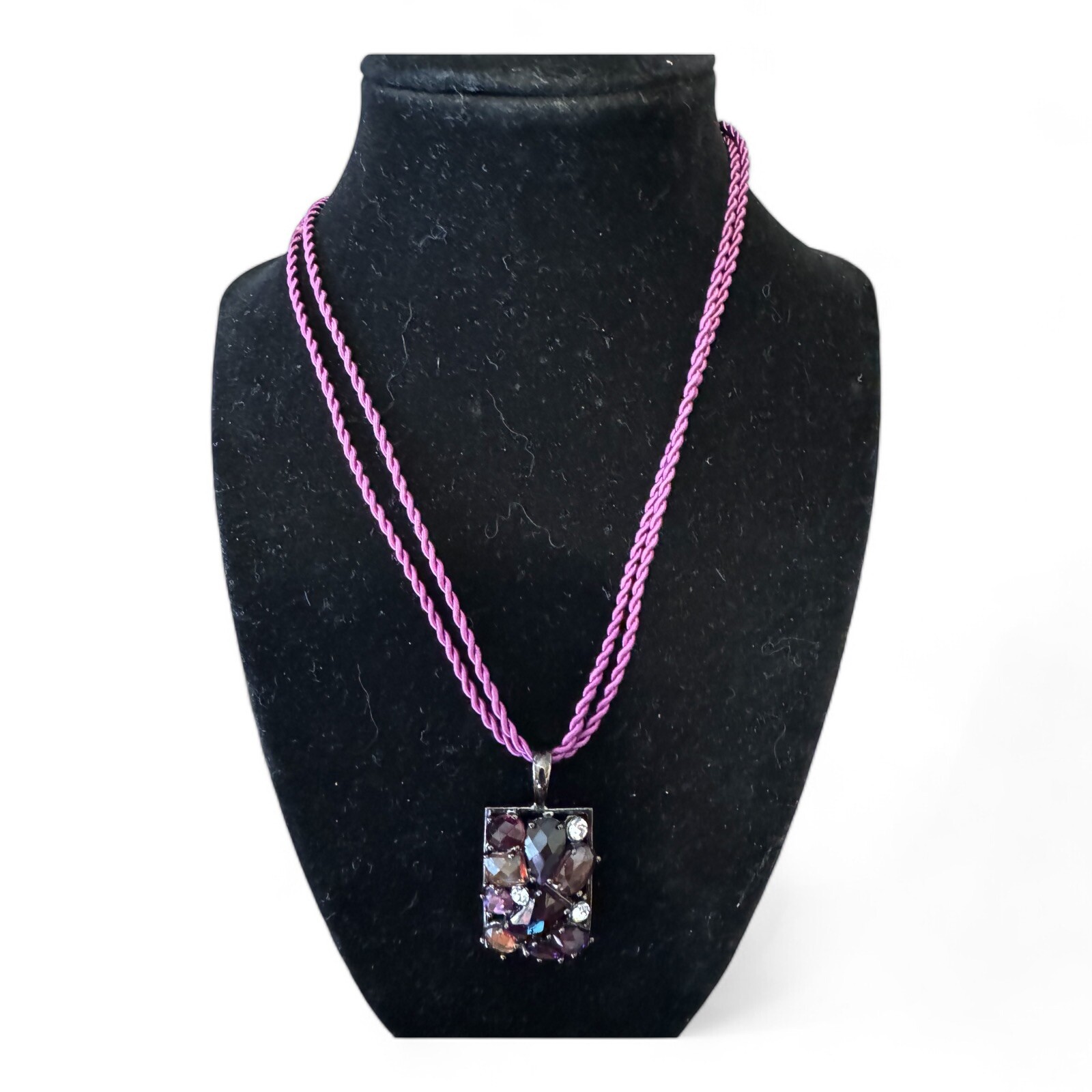 Multi-Purple Tone Rhinestone Rectangle Pendant Necklace W/Matching Earrings