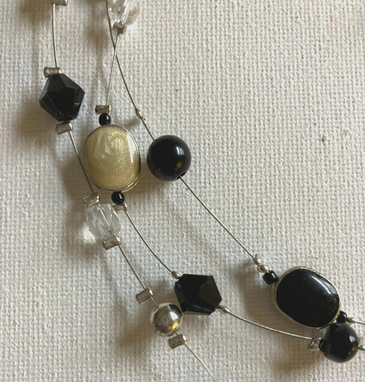 Necklace Floating Beaded Choker Black, Cream, Silver 16-18″