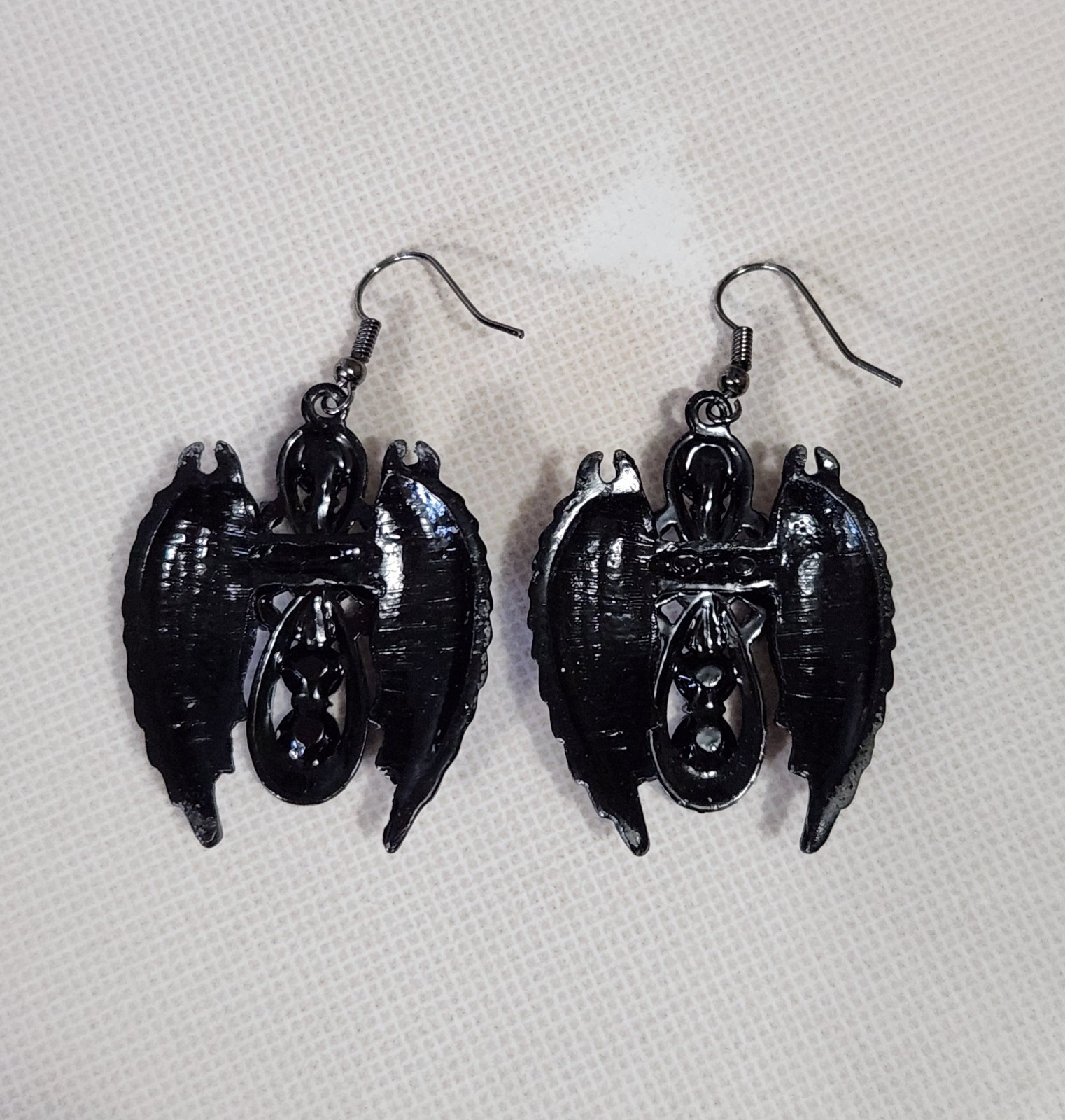 Vintage Black Guardian Angel Wings & Rhinestone Cross Metal Enamel Hook Earrings
