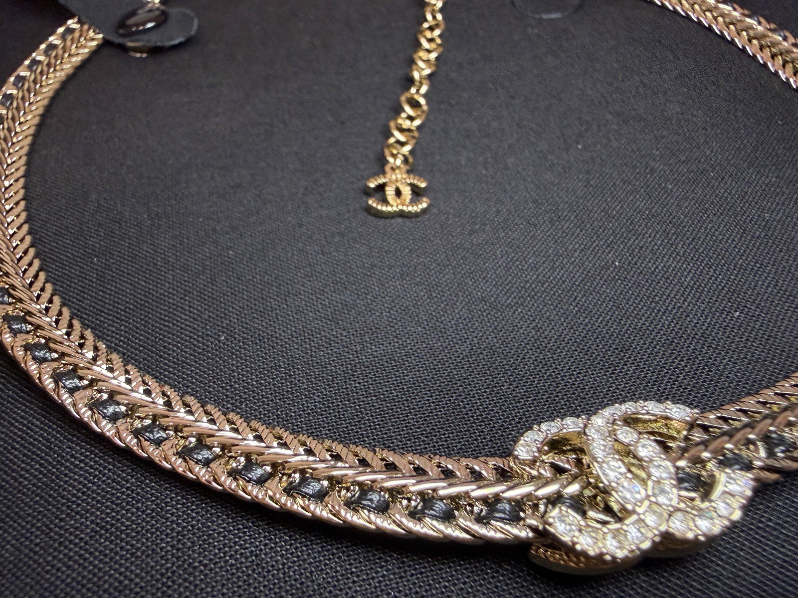 CHANEL Gold Black Leather Woven Chain Choker Necklace CC Logo BRAND NEW