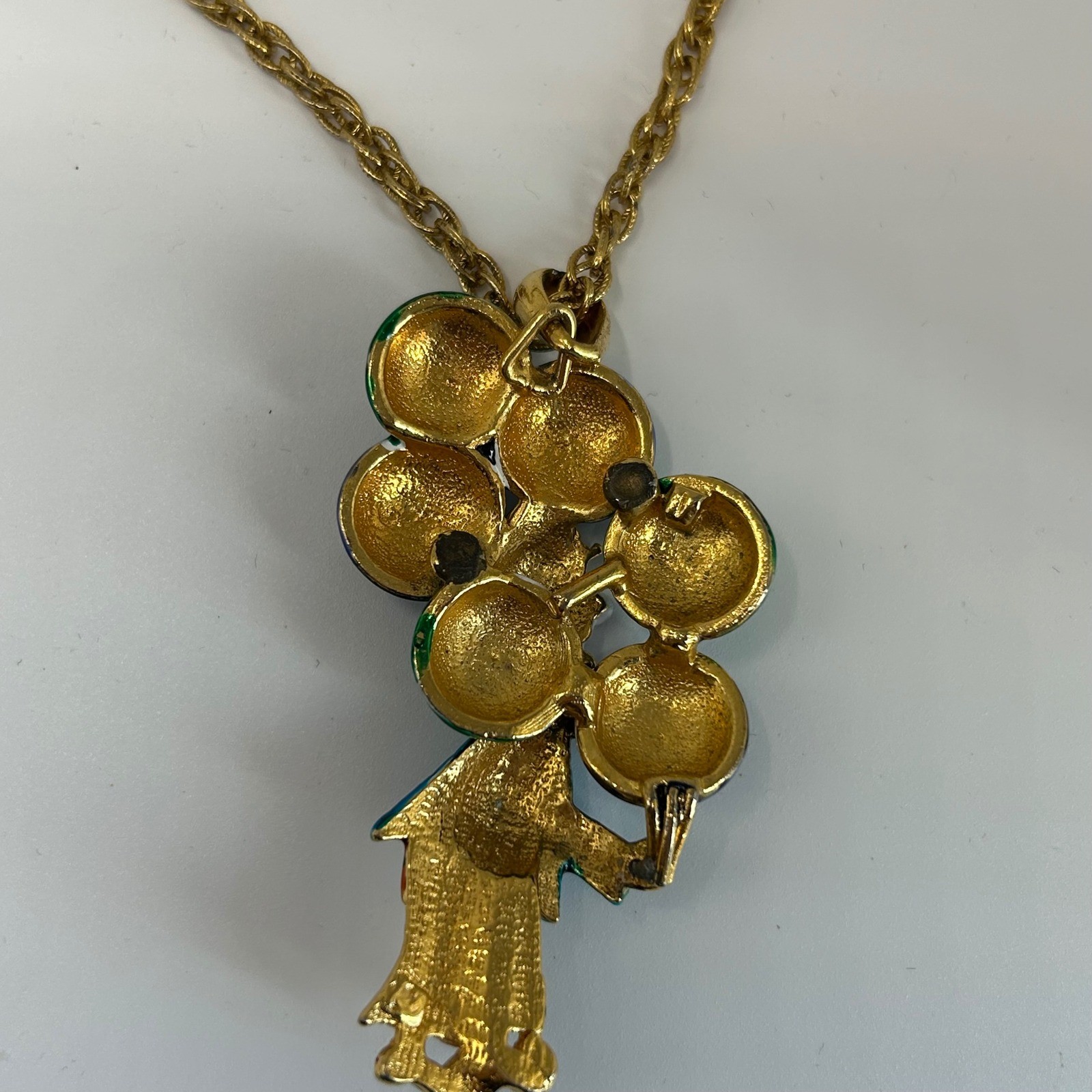 Vintage Enamel Clown Balloons Pendant Necklace Gold Tone Blue Red Green Circus