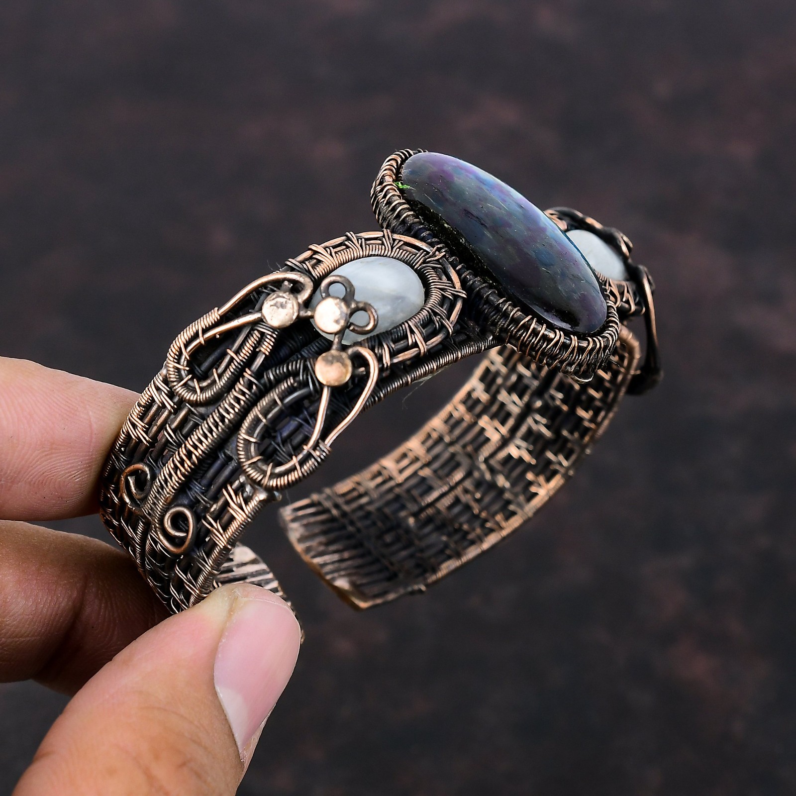 Multi Fire Labradorite Stone Rainbow Moonstone Unique Wire Wrapped Bangle Copper