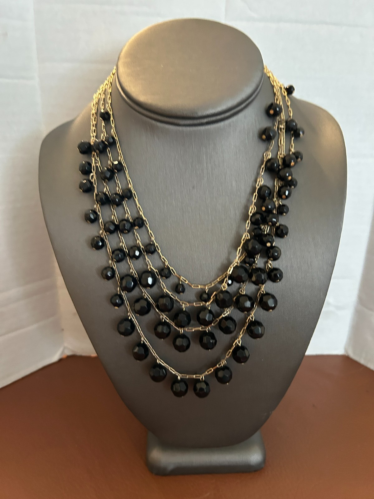 Vintage Good Quality Gold Tone Multi Strand Necklace, Black Glass Faceted Beads