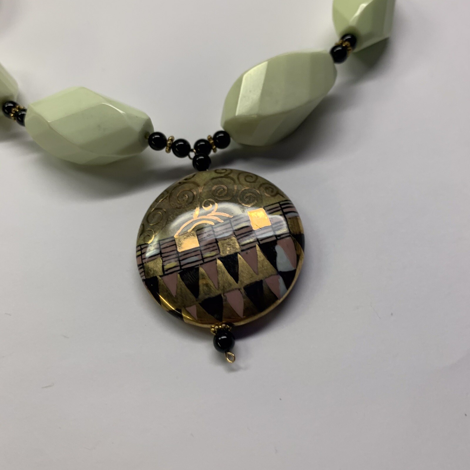 Beautiful Light Green Beaded Costume Jewelry Necklace With Hand Painted Pendant