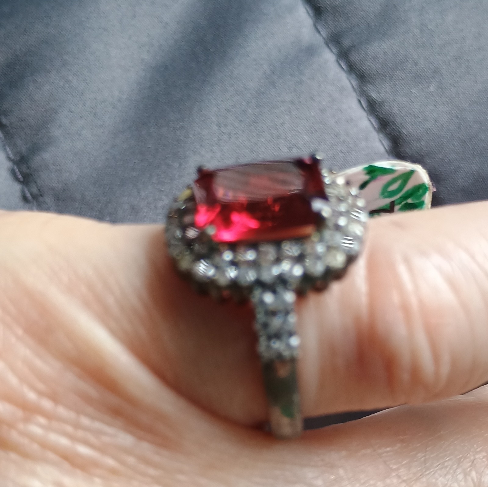 Silver-Tone Red Square Stone Halo Cocktail Ring, Size 7, Metal Setting
