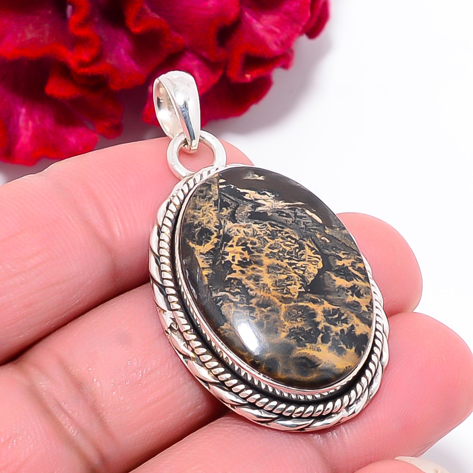 Honey Dendritic Opal – Mexico 925 Sterling Silver Pendant 1.87″ P101914