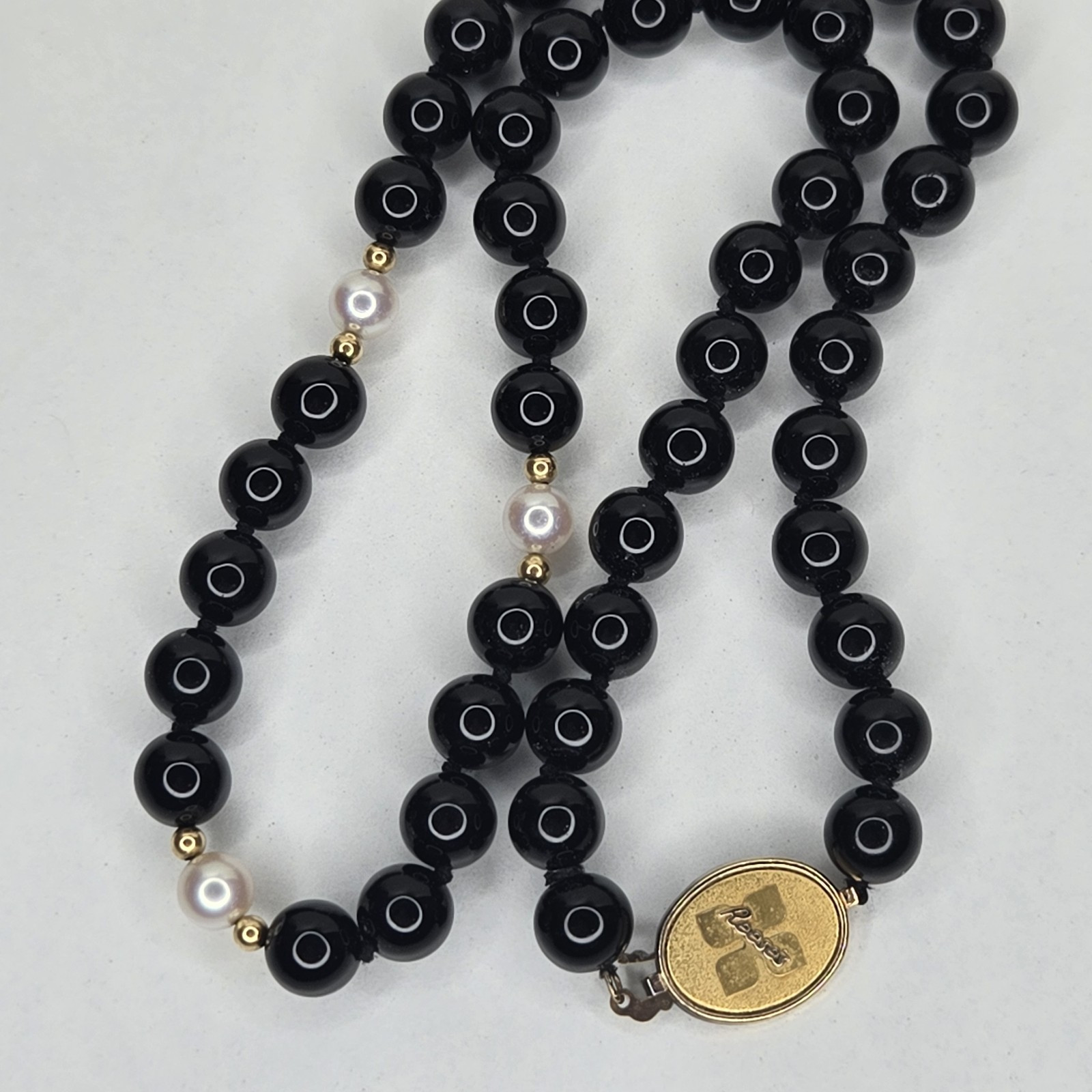 Jostens Imperial Black Onyx Pearl Bead 17″ Necklace Sterling 925 Vermeil Reese’s