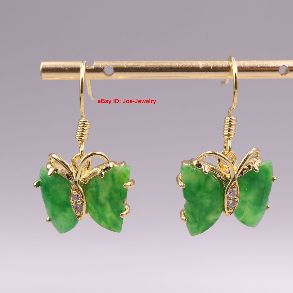 New Arrival Gold Plated Alloy Heated Green Jade Butterfly Dangle Earring