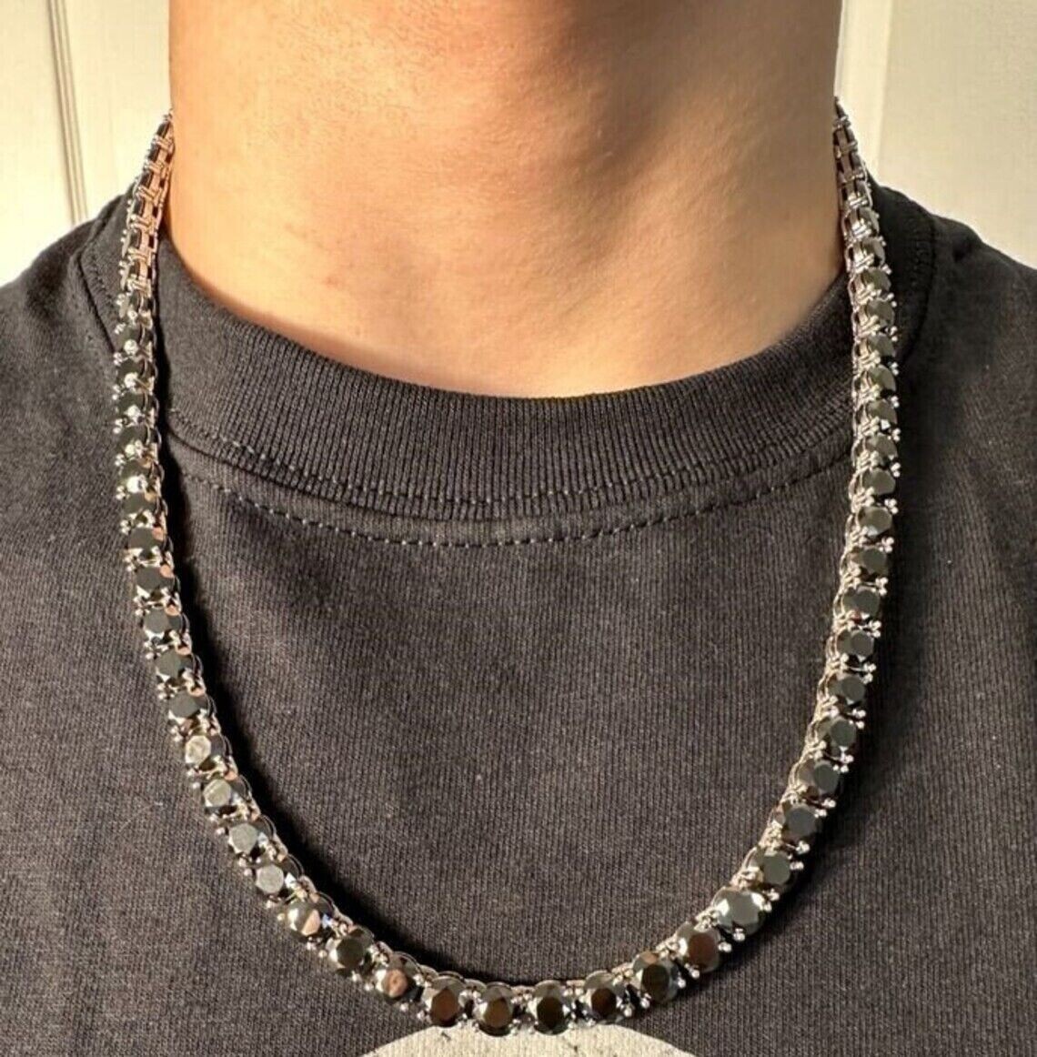 45.72 ctw Lab Created Black Spinel 14K White Gold Plated 5MM Tennis Necklace 18