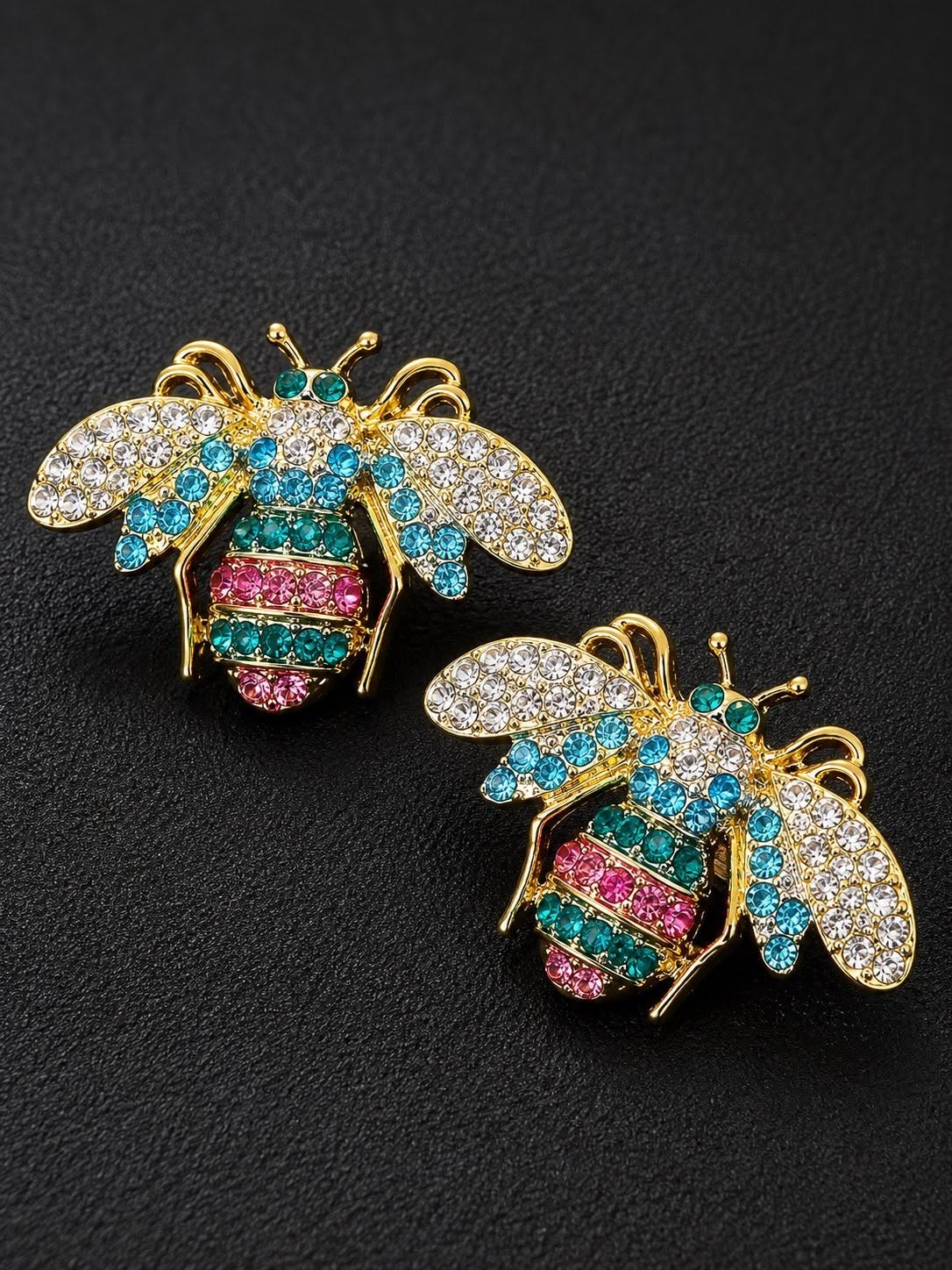 GOLD TONE BEE EARRINGS WITH YELLOW BLACK RED BLUE PURPLE TURQUOISE CRYSTALS POST