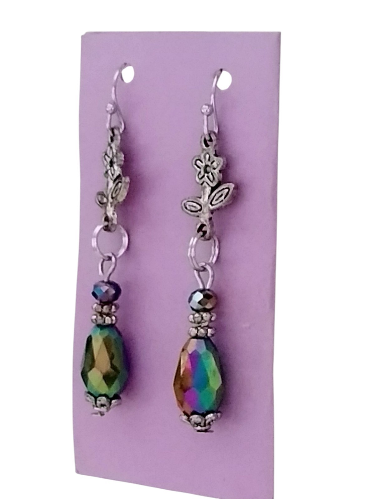 Handcrafted IRRIDESCENT BEADS SILVERTONE FLOWERS Double-Sided Dangle Earrings