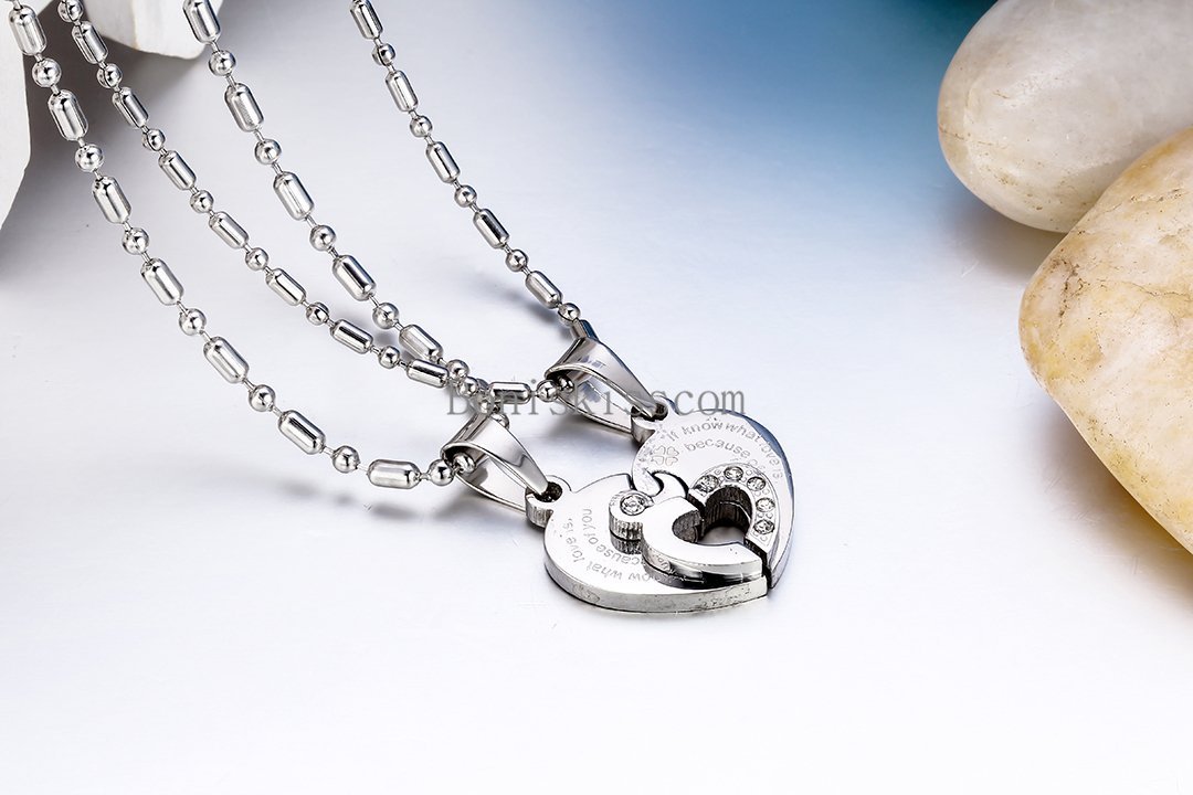 His and Hers Stainless Steel Couple Heart Love Promise Pendant Necklaces 2pcs
