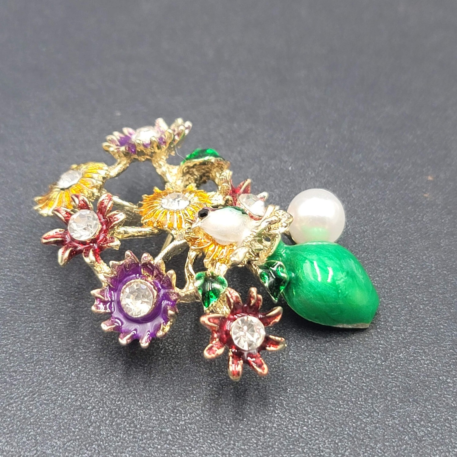 Crystal Rhinestone Flower Bouquet Brooch Pendant Green Enamel Multicolor 2.25″