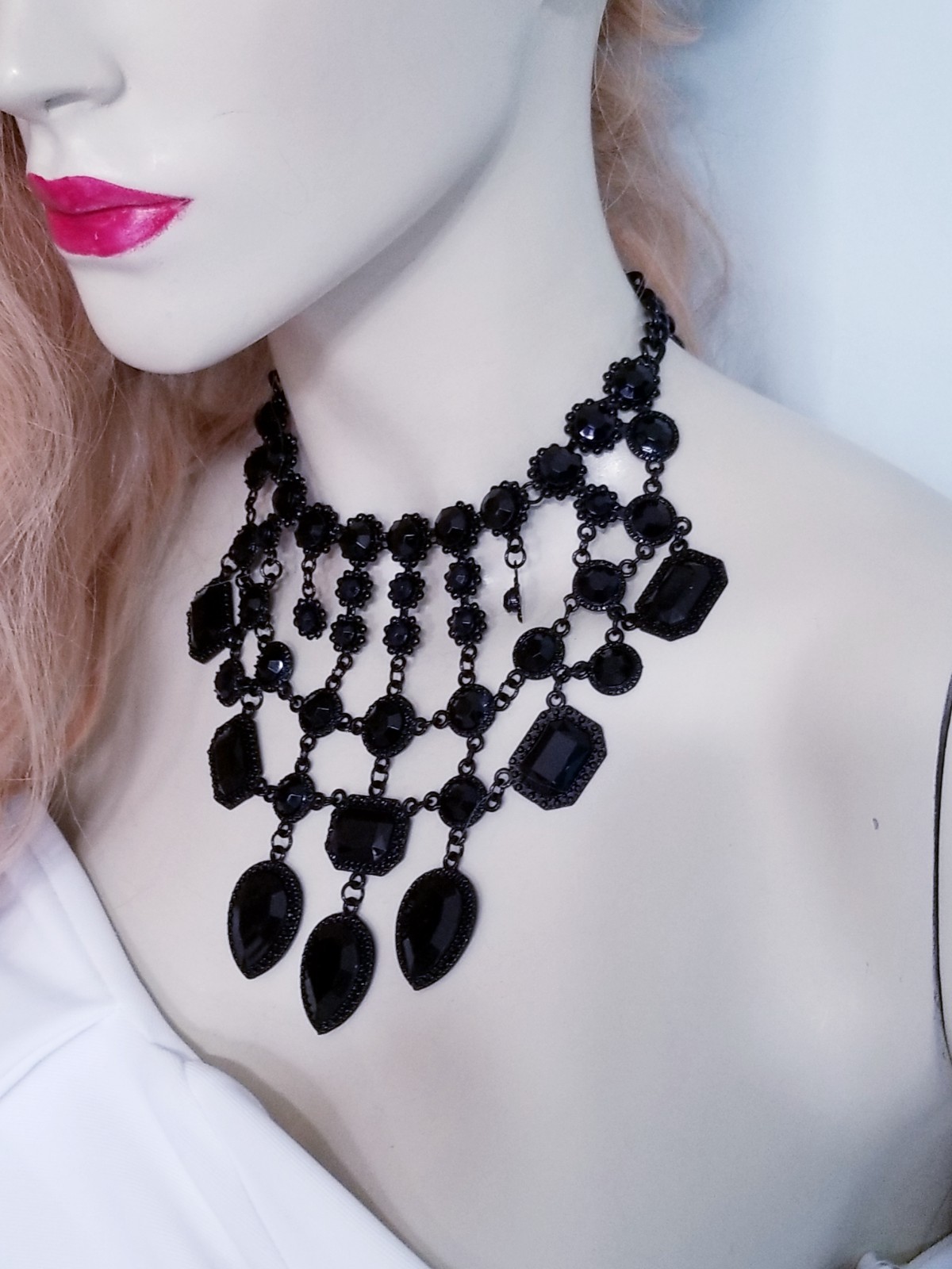 Black Statement Choker Rhinestone Resin Necklace Bridal Prom Pageant Gothic