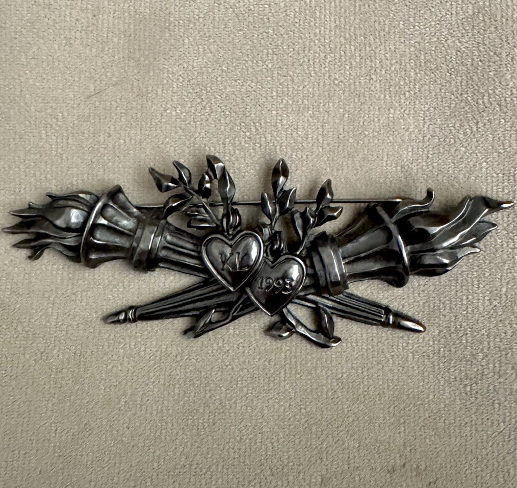 Vintage Karl Lagerfeld 1993 Flaming Heart Torch Brooch Pin Gunmetal Tone *RARE*