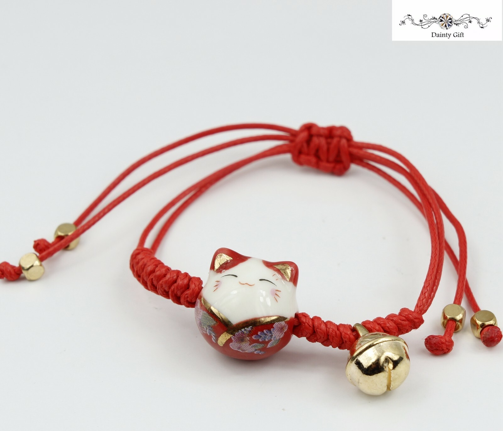 Girl Women Luck Ceramic Fat Cat / Kitty Ball Animal Adjust Rope Bracelet 4-9″