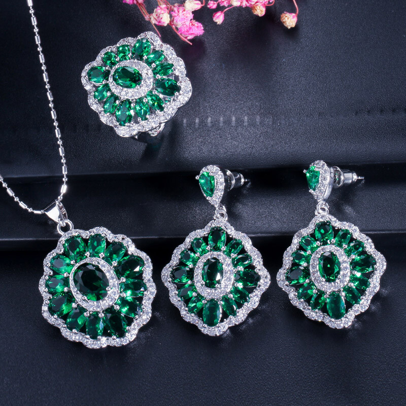 Colorful Pendant Necklace Earrings Ring Silver Plated Women CZ Party Jewelry Set