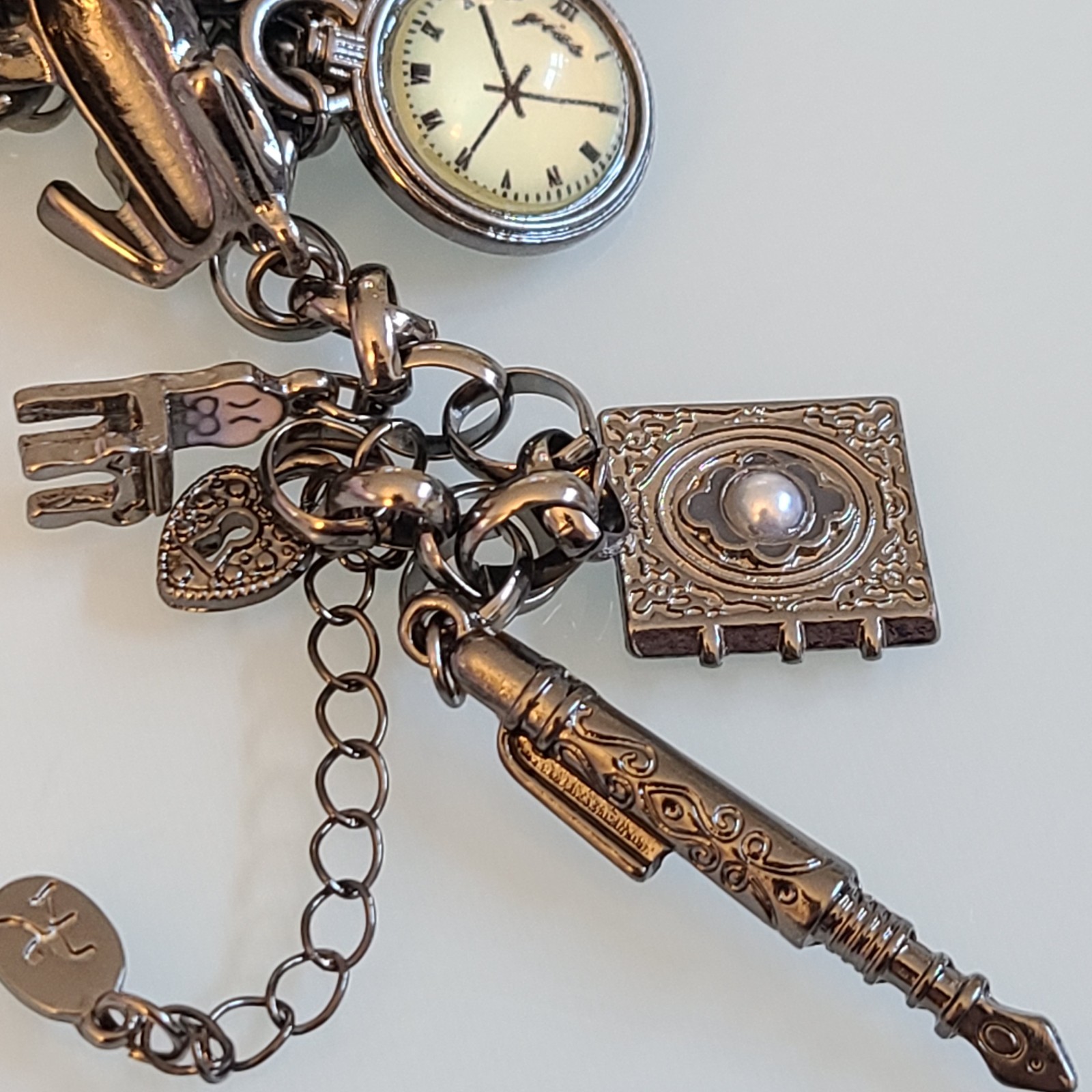 10″ Whimsical Fairytale Charm Bracelet Gunmetal Tone Teapot Frog Mirror Shoe Key
