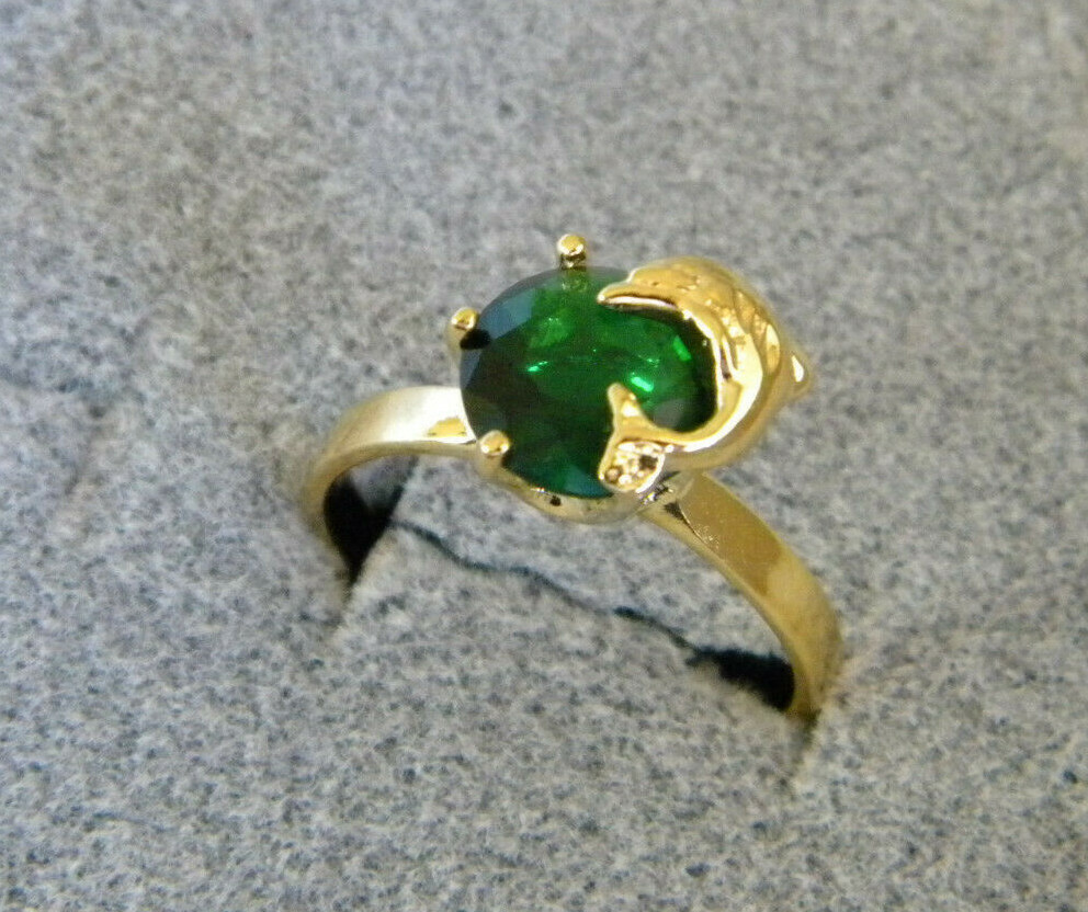 Girl’s Lady’s Women’s Yellow Gold Plated Dolphin Ring Round Green 6mm CZ Size 7
