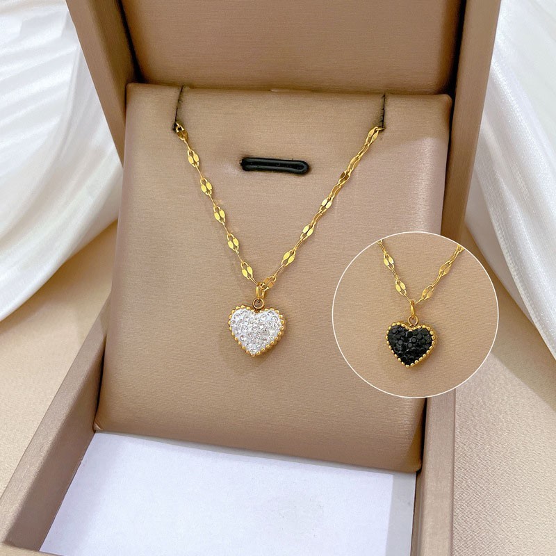 DIEYURO Black White Crystal Heart Reversible Necklace 316L Stainless Steel Gift