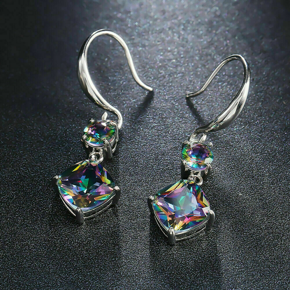 Elegant Handmade Rainbow Mystical Fire Topaz 925 Sterling Silver Hook Earrings