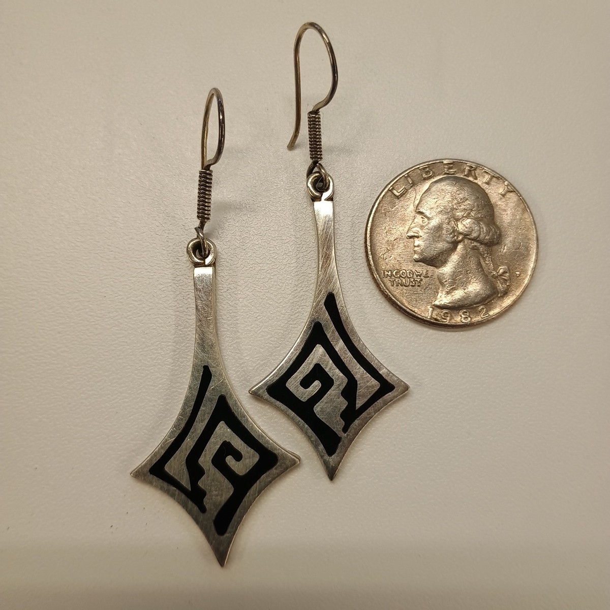 Sterling Silver 92.5 Black Enamel Diamond Shape Maze Greek Key Dangle Earrings
