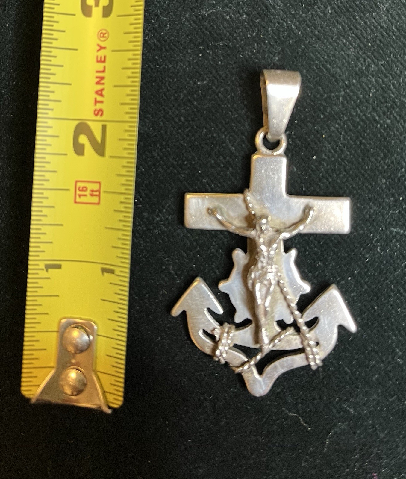 Sterling Silver Mariner’s Anchor Crucifix Cross Pendant 2 1/2” Made In Mexico