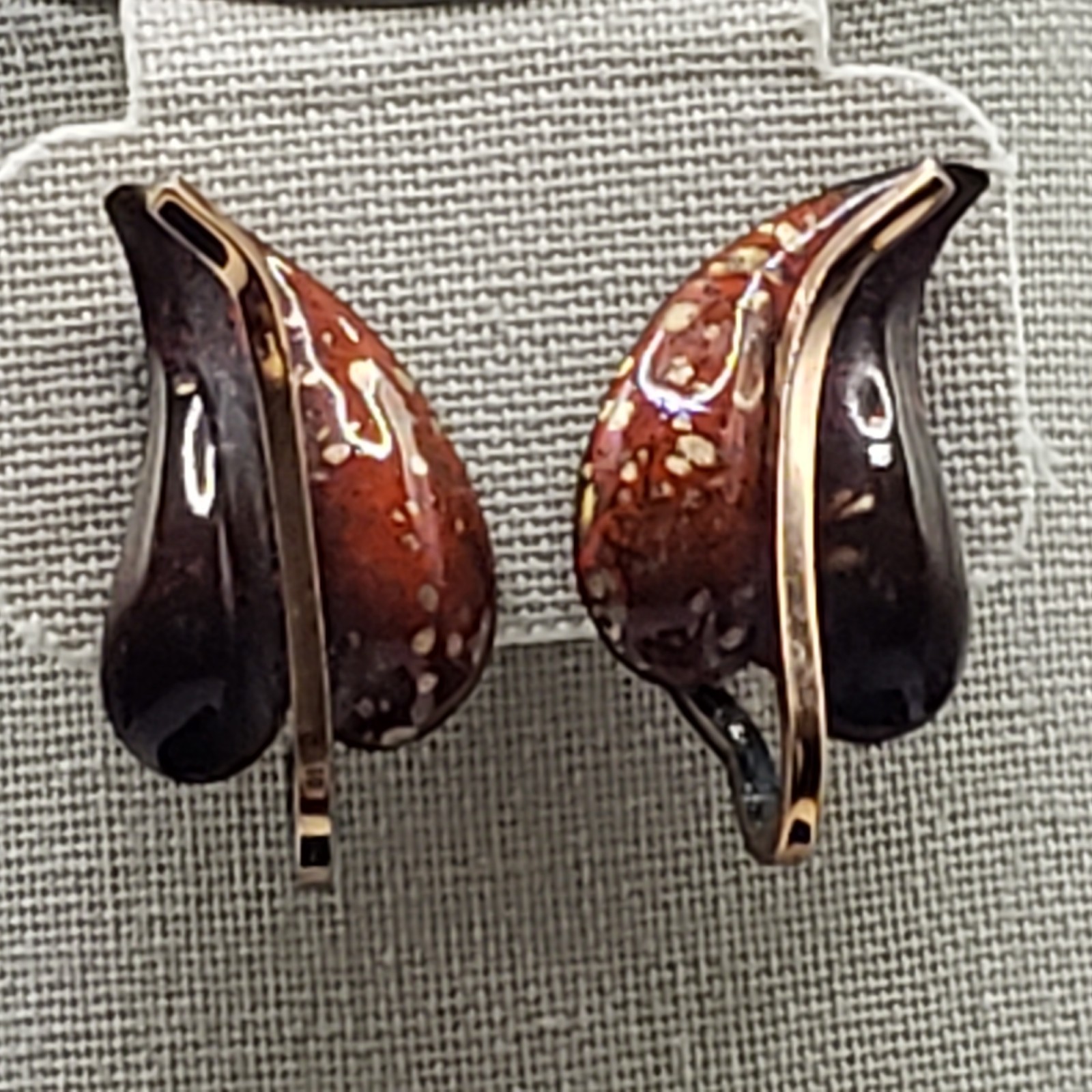 Earrings Clip On Signed Matisse Renoir Copper Enamel Leaf Mid Century Modern