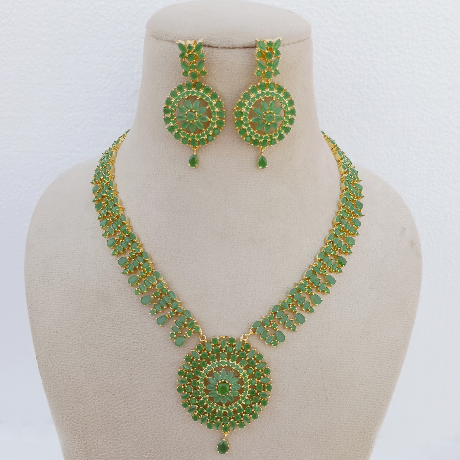22K Gold Plated Long Emerald Necklace Earrings Set Anniversary Birthstone Gift