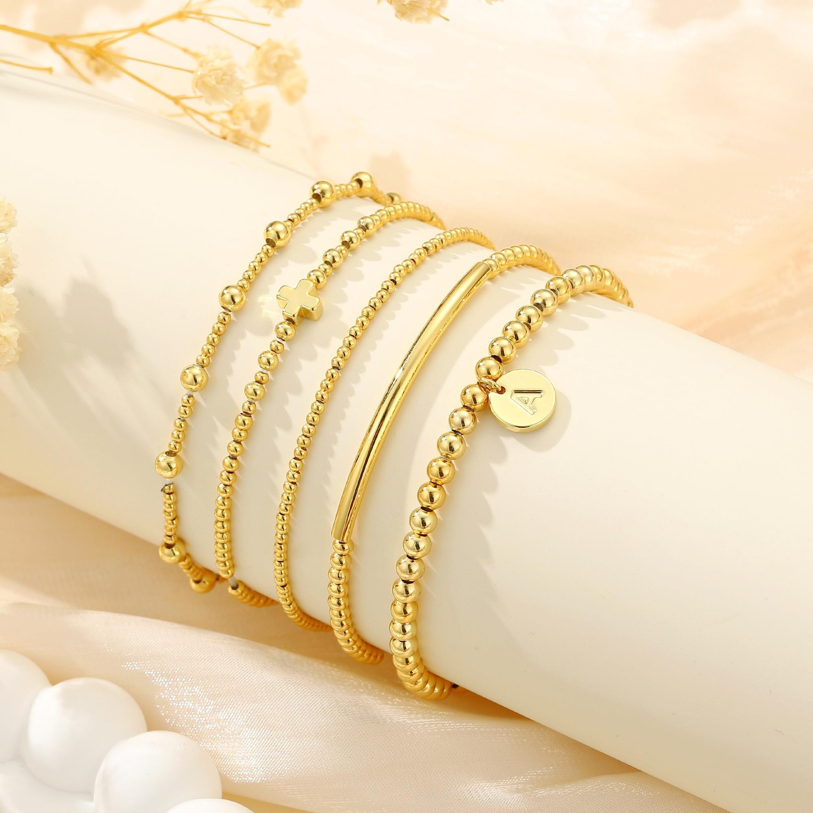 Turandoss 5PCS Cross Beaded Bracelets for Women – Dainty 18K-Gold-Plated Lett…