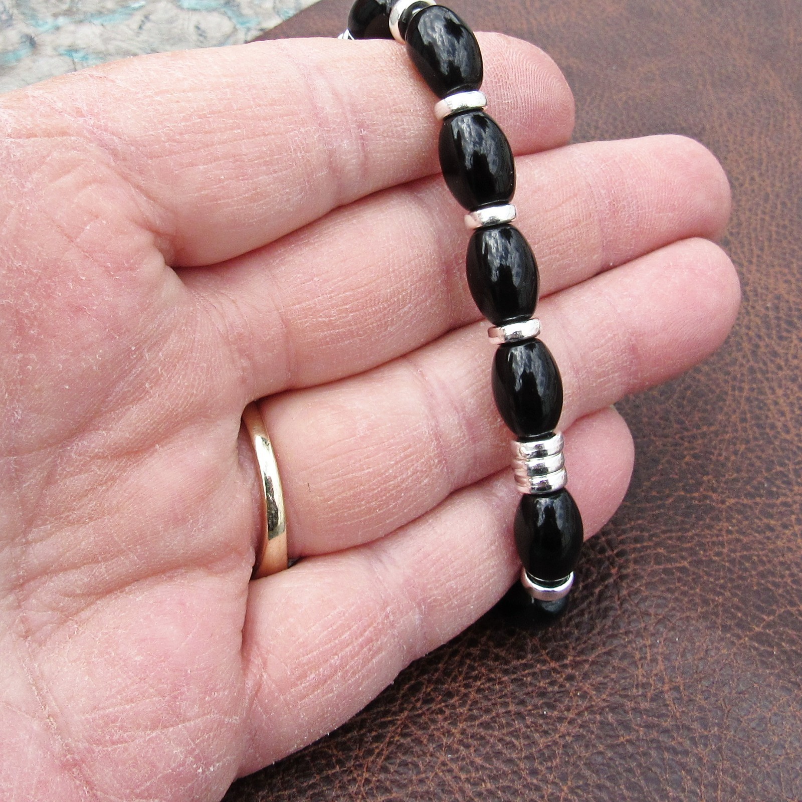 Black Fire Crackle Agate, Black Obsidian Stone Stretchy Bracelet 6 inches