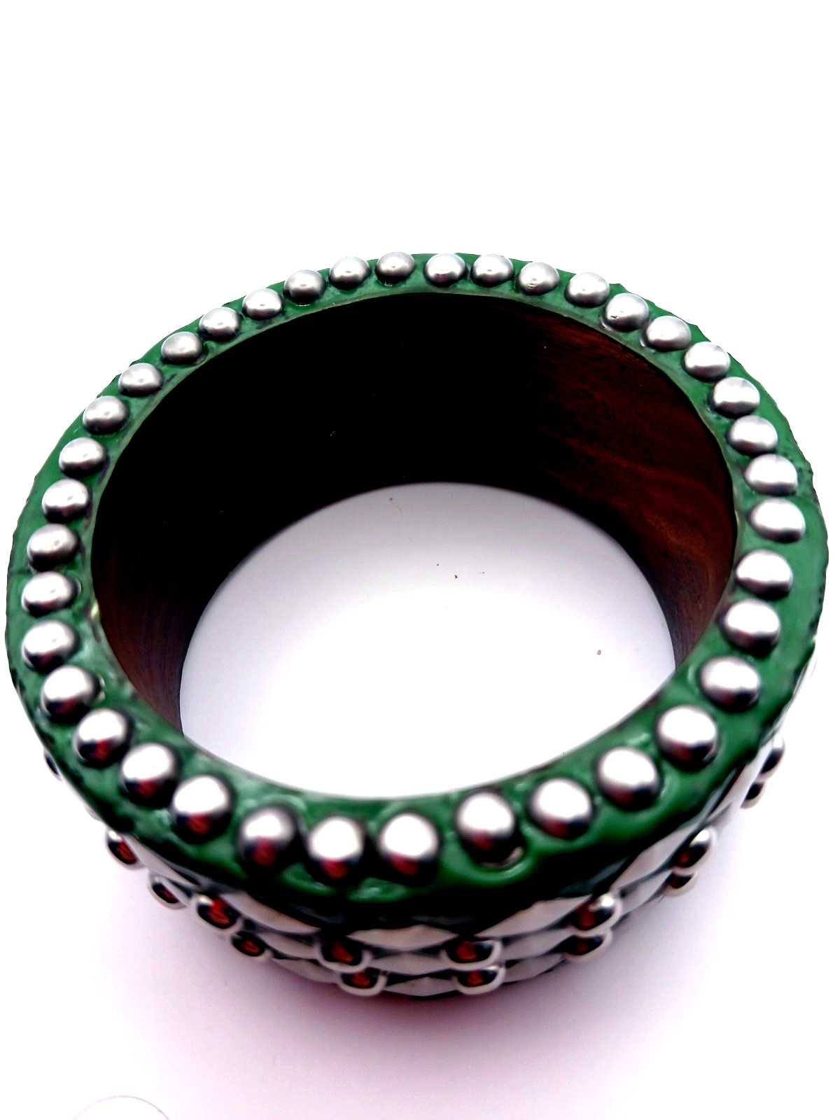 Gothic Wood Bangle 5 Row Metal Studded Green Heavy Bracelet