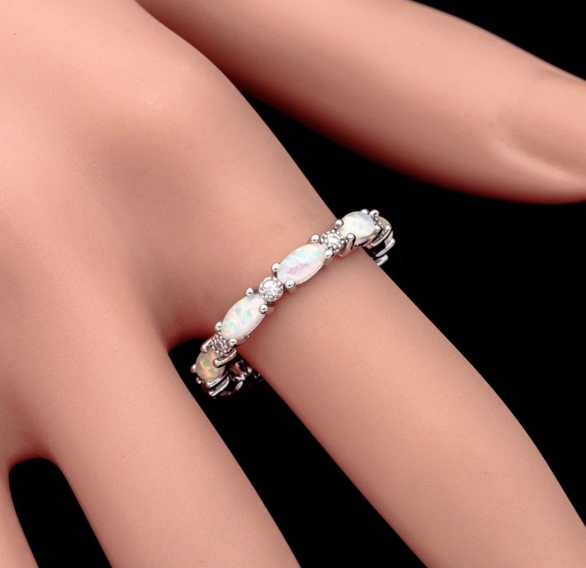 Stunning White Fire Opal CZ Eternity Band Ring Size 10