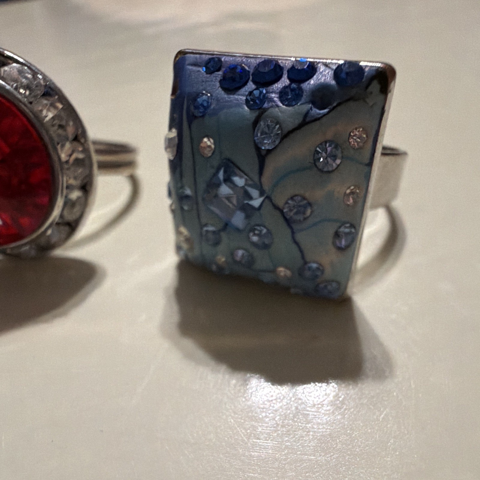 Lot of 3 Adjustable Cocktail Rings Size 7 Multicolor Rhinestone Crystal Floral