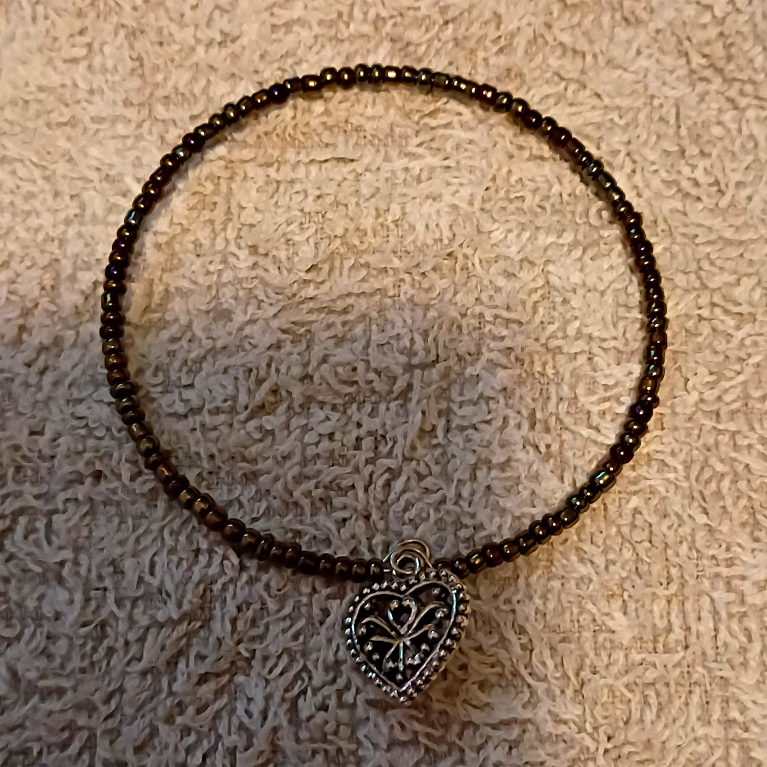 Beaded Bracelet Brown Ball/Bead Silver Tone Heart Dangle Charm Love Theme