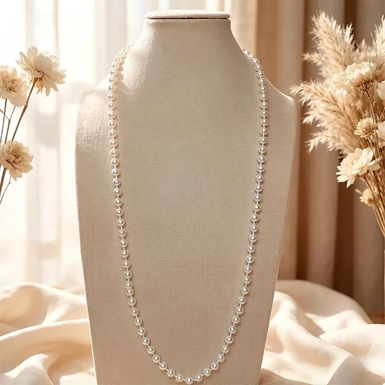 60 Pack Faux Long Pearl Necklace for Women, Fake Pearl Necklace Bulk, 1920s Whit