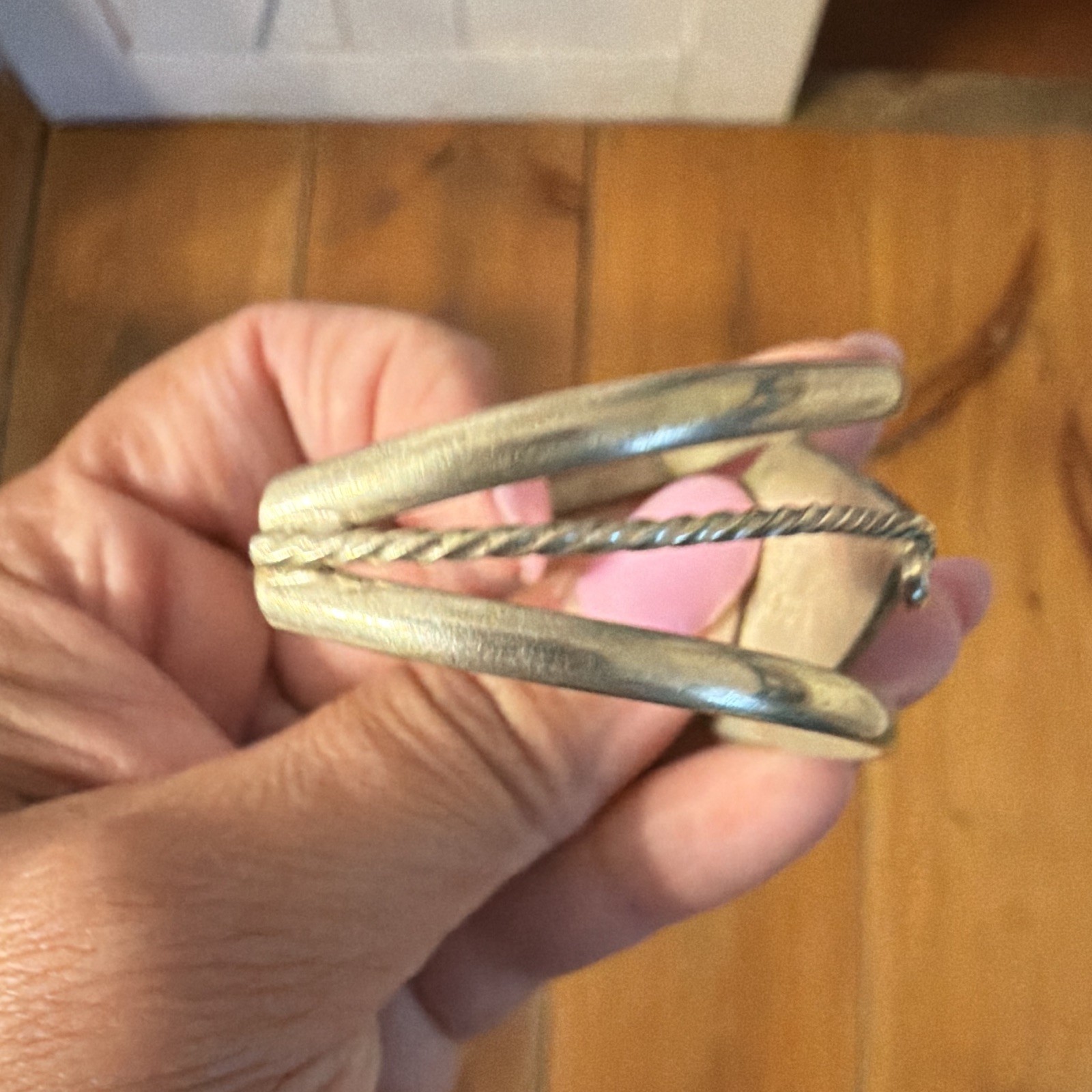 Silver-Tone Open Cuff Bracelet Green & White Inlay, Rope Chain, Stackable