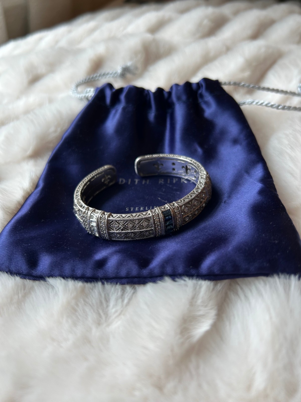 Judith Ripka Sterling Silver 925 CZ and Sapphire Hinged Cuff Bracelet Small