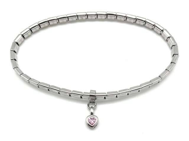 Italian Modular Charm Bracelet Dangle Pink CZ Heart Stainless Steel Silver 4 mm