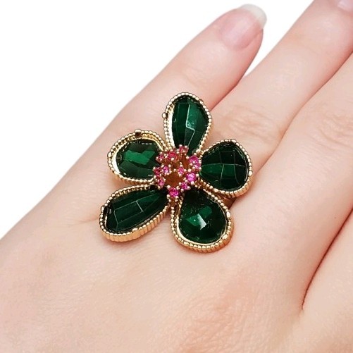Estate Gold-Tone Green Coated Glass & Pink Spinel Flower Ring Size 6 (Approx.)