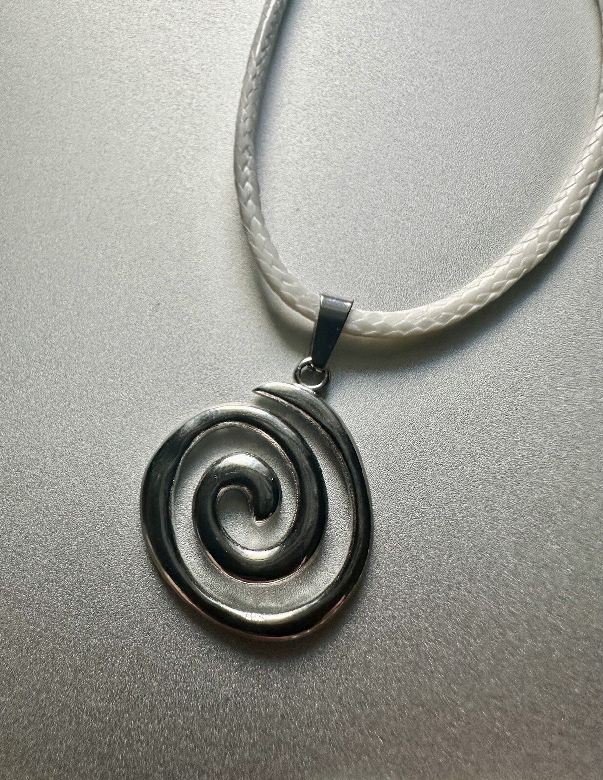 Silver Spiral Swirl Pendant Necklace White Cord Unisex Women Men Brand New