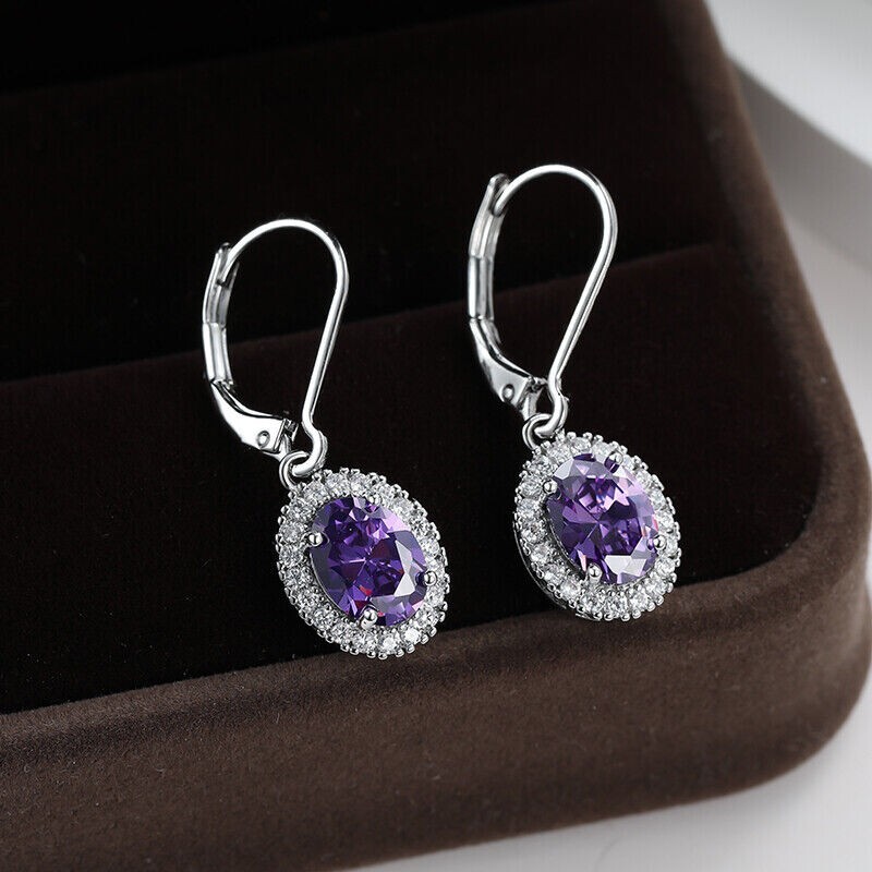 3Ct Oval Simulated Amethyst Women’s Halo Drop Earrings In 14K White Gold Plated
