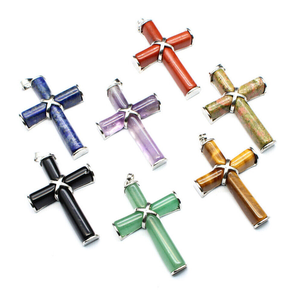 Natural Crystal Healing Gems Cross Pendant Necklace Chakra Amulet Energy Reiki